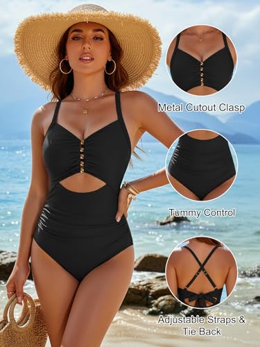 Image of Blooming Jelly Womens One Piece Metal Cut Out Swimsuit Tummy Control Ruched Bathing Suit Full Coverage Slimming Swimwear 2026