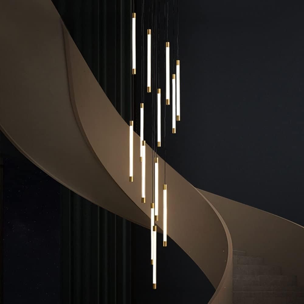 SYAXVOM 12 Heads Stair Gold Minimalist Long Strip Compatible with Living Room Staircase Light Fixtures, LED Chandelier