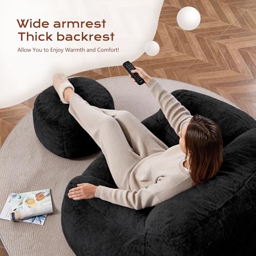 Image of Homguava Giant Bean Bag Chairs for Adults,Large Bean Bag Couch with Ottoman | Big Beanbag Chair with Memory Foam Filled,Oversized Bean Bag Sofa,Faux Fur Floor Sofa Chair for Bedroom Living Room-Black