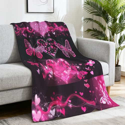 Generiskt överkast som andas för fyra årstider drömmar fleecefilt romantiskt hjärta fjäril SNARK hörna soffa filt för soffa/säng/soffa filt 150 cm x 200 cm, svart rosa
