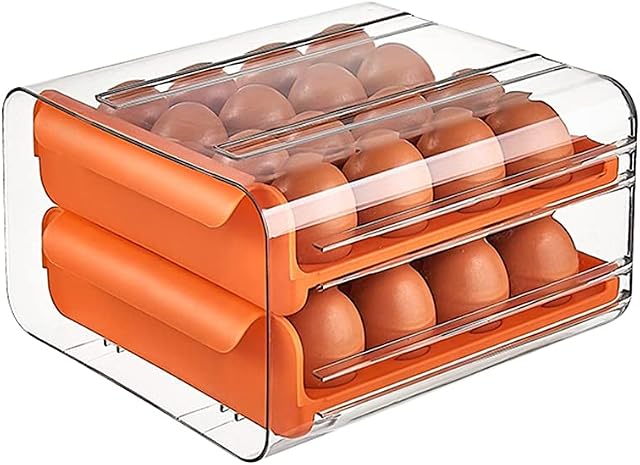 32 Grid Egg Storage Drawer Container for Refrigerator, Double-Layered Drawer Egg Holder Anti-Drop Egg Storage Rack for Kitchen Fridge (Orange)