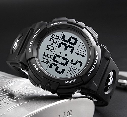 SKMEI Large Face Digital Men’s Watch Sports Waterproof LED Military Wristwatches Chronograph Alarm Clock, Black, Chronograph,Digital