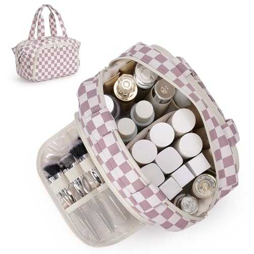 Narwey Large Wide-Open Toiletry Bag Large Wash Bag Makeup Bag Travel Organizer Cosmetic Bag for Women (Dusty Rose Checkerboard)