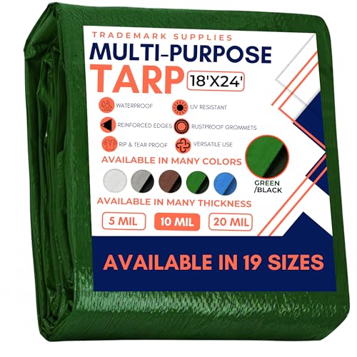 Large Waterproof Tarp - Heavy Duty 10 Mil Thick Poly Tarpaulin Ideal for Canopy Tents, Boats, RV or Pool Covers - Multipurpose Protective Tarps with Grommets for Indoor and Outdoor Use | 18' x 24'