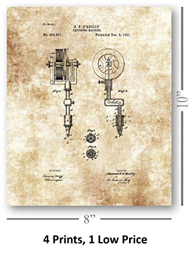 Original Tattoo Machine Drawings Artwork - Set Of 4 8 X 10 Unframed Patent Prints - Great Gift For Tattoo Artists And Inkaholics - Vintage Tattoo Parlor Decor - Mancave Art #TOP4