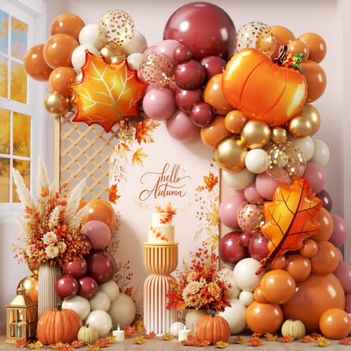 Image of Thanksgiving Fall Balloon Arch Garland Kit, Orange Balloon Arch with Leaf Foil Ballon Dusty Pink Burgundy Burnt Orange Baloon for Autumn Birthday Hello Fall Shower Party Decorations