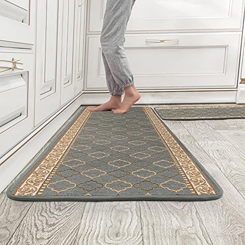 ZZIKO Kitchen Rugs 2 Piece Super Absorbent Non Slip Kitchen Mats Machine Washable Soft Boho Embroidered Rug Runner for Kitchen Floor, Laundry Sinks, Entryway (20"x31"+20"x59")