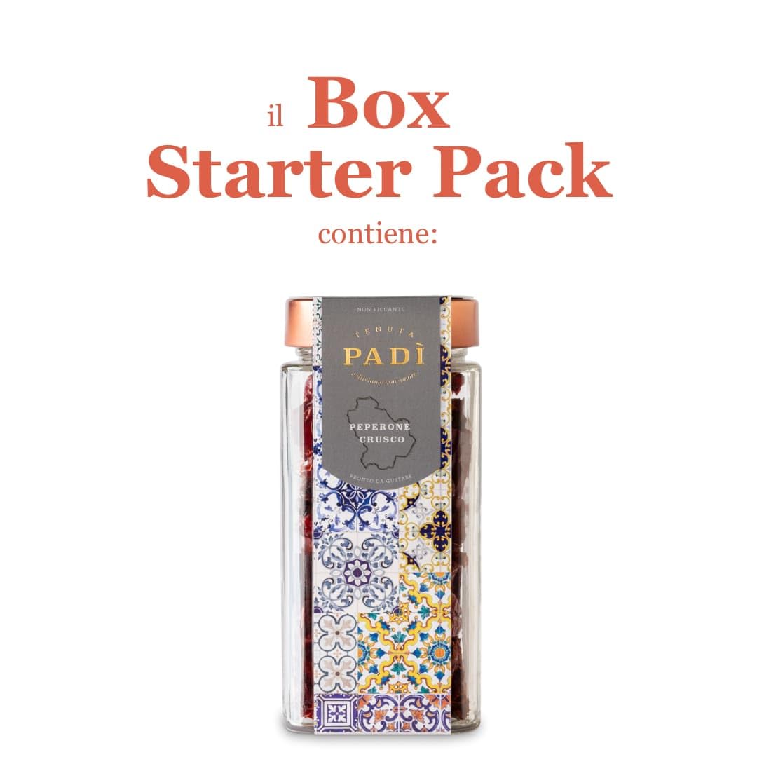 Tenuta Padì Peperone Crusco di Senise Igp Box Starter Pack | Peperoni Cruschi da friggere, già fritti in olio Extravergine di Oliva, Pasta, Polvere di Zafaran, Confettura e Peperoncino Lucano.