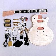 🎸 LP-STYLE DIY GUITAR KIT – Solid mahogany body with flamed maple veneer top for classic tone, sustain, and premium look. 🌳 BOLT-ON NECK WITH EBONY FINGERBOARD – Comfortable playability with 22 frets, 12" radius, and wedge trapezoid inlays. 🎶 DUAL HU...