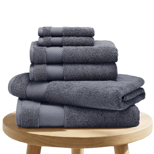 BIOWEAVES 100% Organic Cotton 700 GSM Plush 6-Piece Towel Set GOTS Certified 2 Bath Towels 2 Hand Towels & 2 Washcloths - Charcoal
