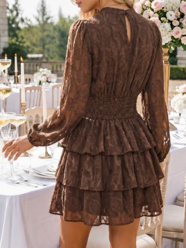 Image of Wenrine Womens Long Sleeve Mini Dress Floral Tiered Smocked Party Dresses | Cut Out, High Waist, Ruffle Design, Boho Style, Button Back, Night Out, Fall Winter