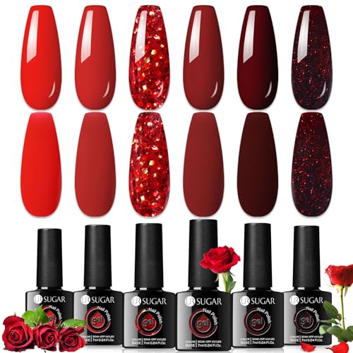 UR SUGAR Smalto Semipermanente Unghie Rosso, 6 Colori Smalti Semipermanenti per Unghie Rosso Scuro Brillante Bordeaux, Gel Semipermanente UV LED Soak Off Nail Art per San Valentino, Natale