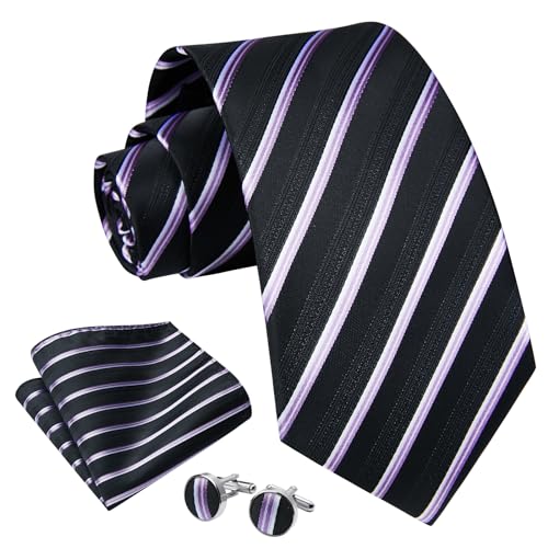 Image of Enlision Mens Ties Stripe Tie and Pocket Square Set Classic Formal Woven Neckties Handkerchief Cufflinks Wedding