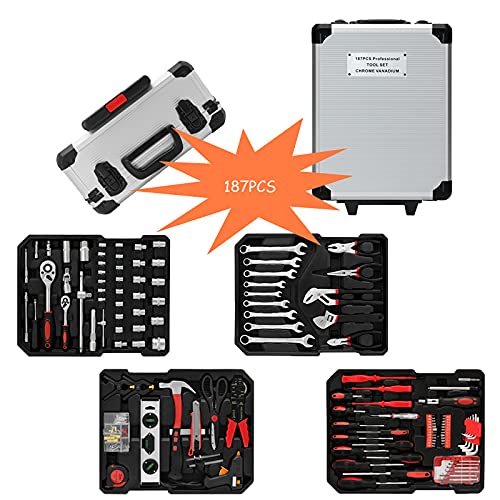 Hot sale by DE DARK EDGE Tools Box Set, [Mechanic Professional Hand Tool Kit] for Professionals 187 PCS Tool Set ALL IN ONE Wrench, Sockets, screwdrivers, Allen Keys, pliers ETC
