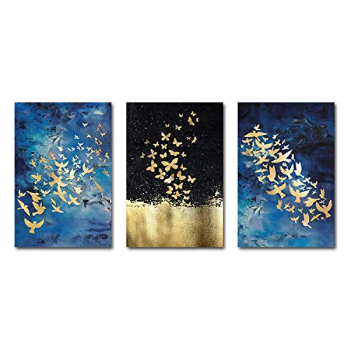 Peinture abstraite oiseau d'or triptyque sur toile 70x100 cm de haute qualité murale