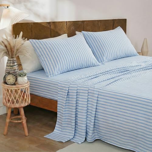 Image of Merryword Blue and White Striped Sheet Set King Size, 100% Cotton Fitted Sheet Set with Deep Pockets, Crisp Cool Feeling, Ribbon Stripes Design, 4-Piece All Season Bedding