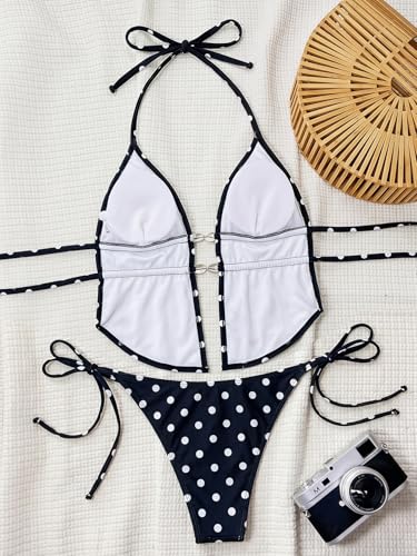 Image of Women's 2 Piece Boho Polka Dots Beaded Bikini Sets Sexy Swimsuits | Halter Swimsuits, Backless, Textured, Tie Side, Tankini Set, Bathing Suits, Summer, Vacation