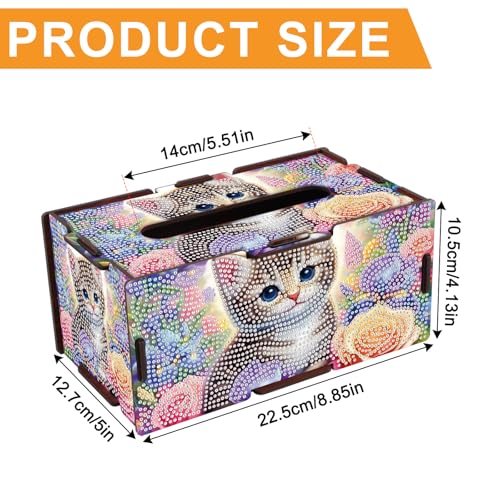Image of DIY Diamond Painting Tissue Box, Cat Design Diamond Art Wooden Rhinestone Napkin Holder, Floral Tabletop Crystal Rhinestones Art Box for Home Organizer & Table Decor