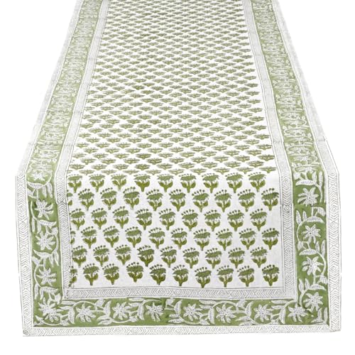 CPC Emerald Green Block Print Cotton Table Runner 16x60 Inch Long Fall Table Runner for Everyday Dining, Festive, Wedding, Home Decor, Farmhouse, Outdoor Gift for Spring,Mother's Day