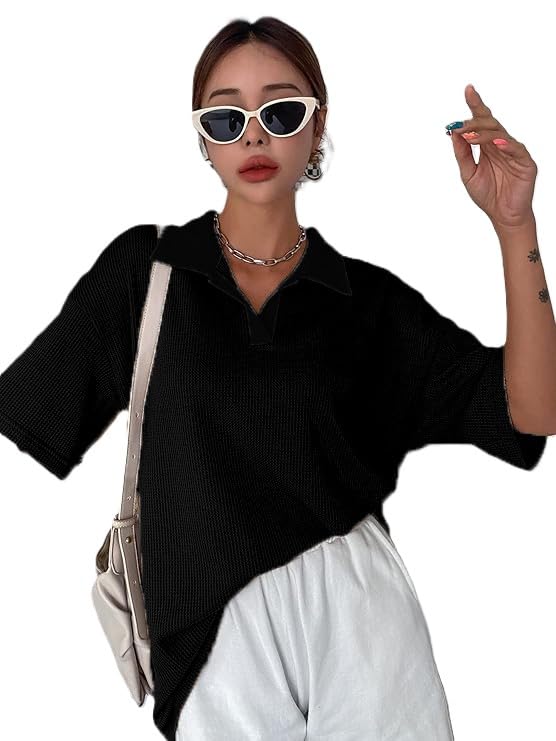 Image of Zilcon Womens Half Sleeve Oversized Tshirt for Woman Trendy Casual V Neck Summer Collared Preppy Tops Fashion Loose Fitted Western Tops for Women Stylish
