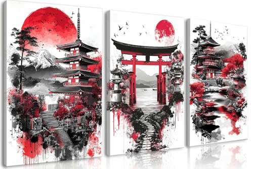 Image of Frimeeme 3 Pieces Japanese Canvas Wall Art,12x16 Inch Each | Japanese Landscape Painting Prints, Red and Black Cherry Blossom Trees Building Pictures, Living Room Office Decor