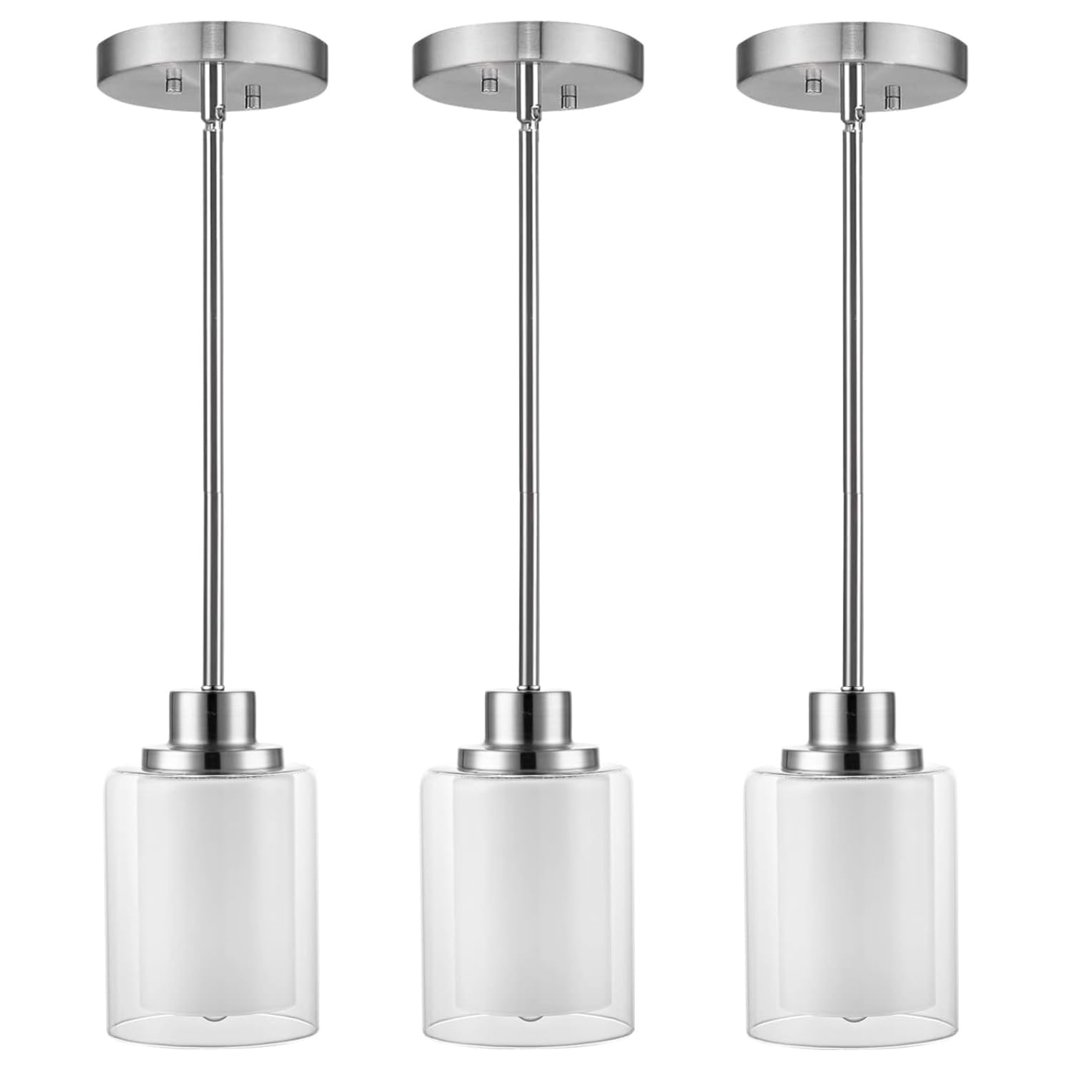 Photo 1 of Eidonta 1-Light Mini Pendant Light Fixtures, 3 Pack Modern Brushed Nickel Hanging Ceiling Light with Dual Glass, Adjustable Height