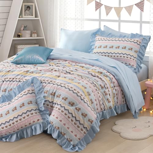 Image of A Nice Night Blue Ruffle 6 Pcs Boho Comforter Set,Queen