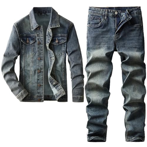 Men's Jeans Setssimple Long Sleeve Denim Jacket And Pants 2-Piece Set