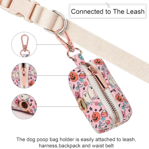 Image of ARING PET Halloween Dog Poop Bag Holder, Cotton Puppy Pink Pumpkin Ghost Waste Bag Dispenser Attach to Any Leashes, Portable Washable Pet Waste Pouch Holder with Two Rolls of Bags