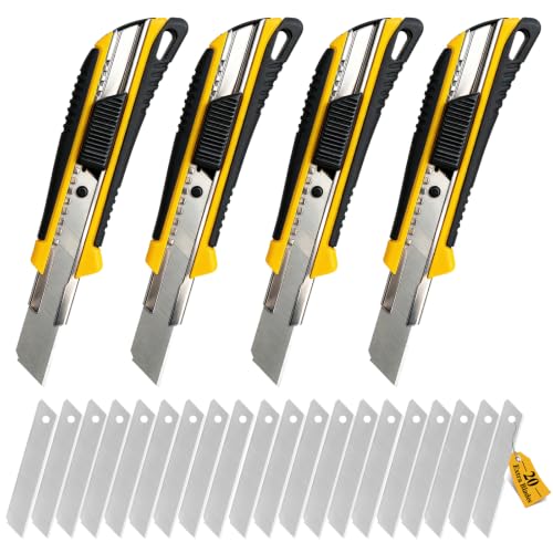 CCLIFE 4 Stück Cuttermesser Set 18mm mit 20 Ersatzklingen Abbrechklingen Kartonmesser Mehrzweck Messer Allzweckmesser Teppichmesser mit Sicherheitslock schwarz