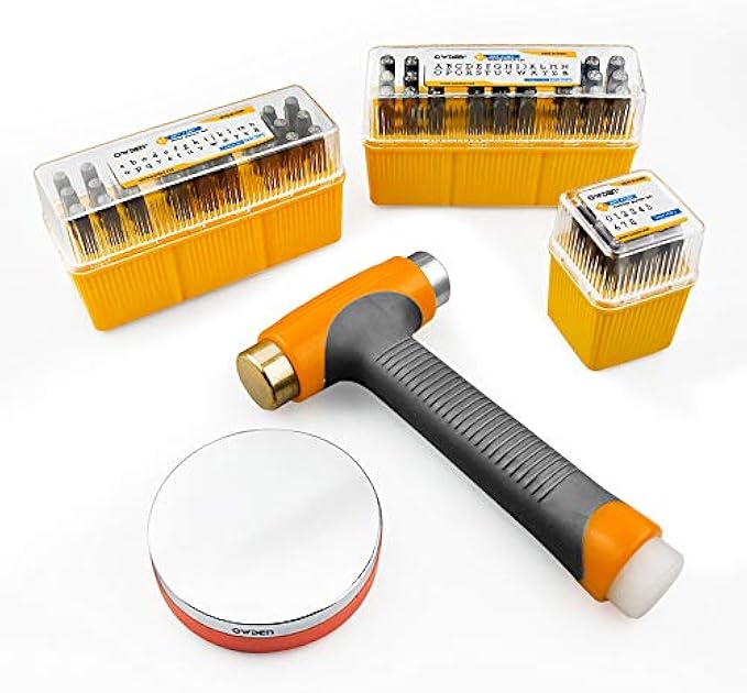 OWDEN Jewelry Metal Stamp Kit for Jewelry Stamping Making, Size: (1/8 Inch, 3mm) 2 Sets Artistic Font Letter Punch Set (Upper and Lower Case) with 1 Set Number Punch Set, 1 Hammer and 1 steel bench bl