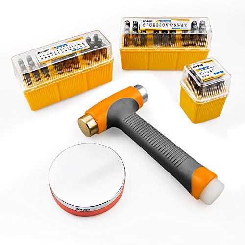 OWDEN Jewelry Metal Stamps kit for Jewelry Stamping Making,Size:(1/8",3mm) 2 Sets Art Font Letter Punch Set (Uppercase and Lowercase) with 1 Set Number Punch Set,1Pc Hammer and 1Pc Steel Bench Block by OWDEN - Used condition - US$45.21