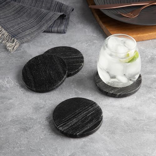 Thirstystone 4 Pack Natural Black Marble Round Coasters with Protective Felt Feet on The Bottom 4" Diameter Elegant Heat Tolerant Easily Wipes Clean - Thumbnail 2