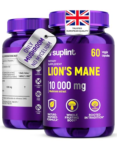 Lions Mane Mushroom Capsules 10 000mg – Highly Concentrated Extract Hericium Erinaceus 10:1 – Lab-Tested with Certificate Lions Mane Supplement – 60 Vegan Capsules