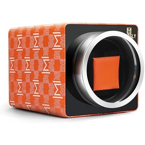 MOZSLY Single Watch Winder for Automatic Watches Slef Winding Box with Quiet Motor 12 Rotation Mode Setting Leather Orange Cover