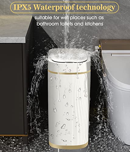 Glodeals Bathroom Trash Can With Lid Automatic Garbage Can, 2 Gallon Slim Smart Trash Can, Small Plastic Trash Bin, Touchless Motion Sensor Trash Can For Bedroom, Bathroom, Office (Cream/Gold Trim) #TOP4
