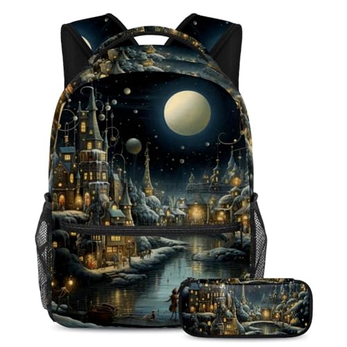 Sac à dos avec trousse à crayons multicolore pour ados et enfants - Lot de 2 pièces scolaires