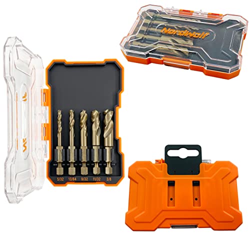 Nordwolf 5-Piece M35 Cobalt Stubby Drill Bit Set For Stainless Steel & Hard Metals, With 1/4" Hex Shank For Quick Chucks & Impact Drivers, Sae Sizes 5/32"-13/64"-9/32"-11/32"-3/8" In Storage Box #TOP5