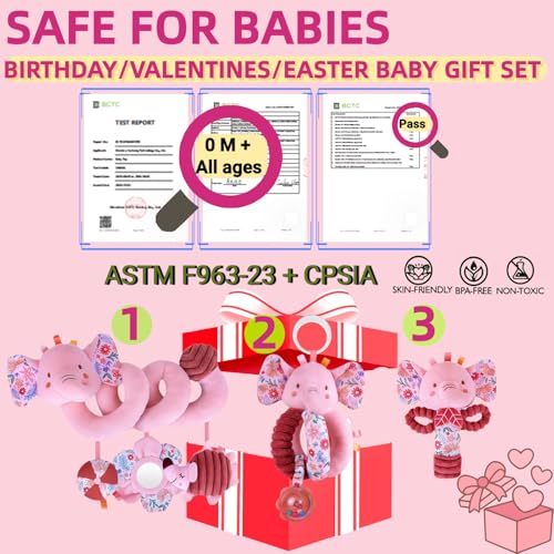 Image of Baby Toys 0-6-12 Months Spiral Car Seat Toy, Infant Stroller Hanging Carseat Rattle Stuffed Animal Newborn Girl Boy Accessories Birthday Gift 0-3-4-5-7-8-9 Month Old Mirror Pink Elephant 3PCS