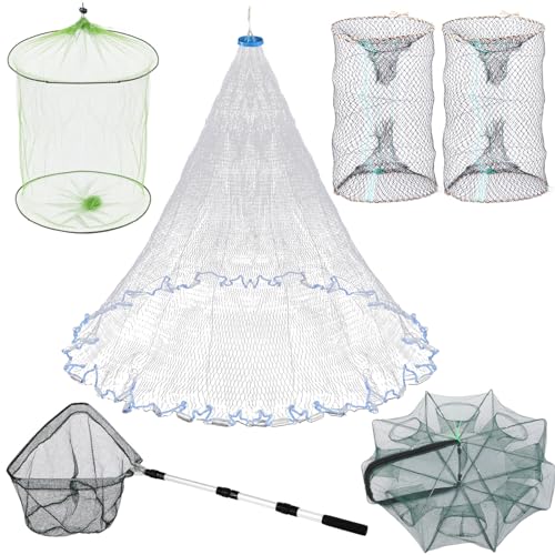 Relaxgiant 6 Pcs Fishing Net Trap Portable Folded, Crab Trap Minnow Trap, Fishing Landing Net with Telescoping Pole Handle, Casting Net Bait Trap with Heavy Duty Sinker and Storage Bucket by Relaxgiant - Used condition - US$34.88