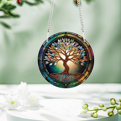 Image of AiYuanzsh Tree Diamond Painting Hanging Kit, DIY 5D Acrylic Pendant Ornament, Special Shaped Crystal Diamond Art Hanging Kits for Wall, Door, or Garden, Adult Craft Gift