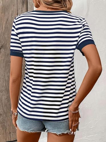 LilyCoco Women's Striped Shirt Short Sleeve Color Block Tops Notched Neck Summer Tee2