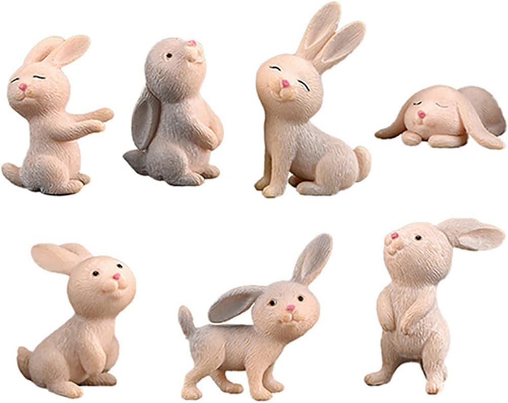 7 Pcs Rabbit Figures for Kids, Animal Toys Set Cake Toppers, Rabbit Fairy Garden Miniature Figurines Collection Playset for Christmas Birthday Gift Desk Decorations