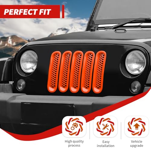 Image of Front Grille Inserts Grill Mesh Clip-on Trim Covers Exterior Accessories Compatible with Jeep Wrangler JK & JKU 2007-2017,Orange