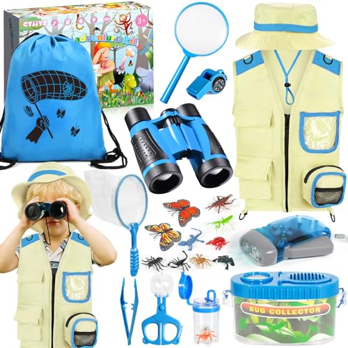 CYJJYZ 23 Pcs Kit de Exploración para Niños, Kit Explorador Niños, Juego de Explorador para Niños con Chaleco Explorador Niño, Prismáticos, Sombrero, Aire Libre Aventura Juguetes Niños Regalo(Azul)