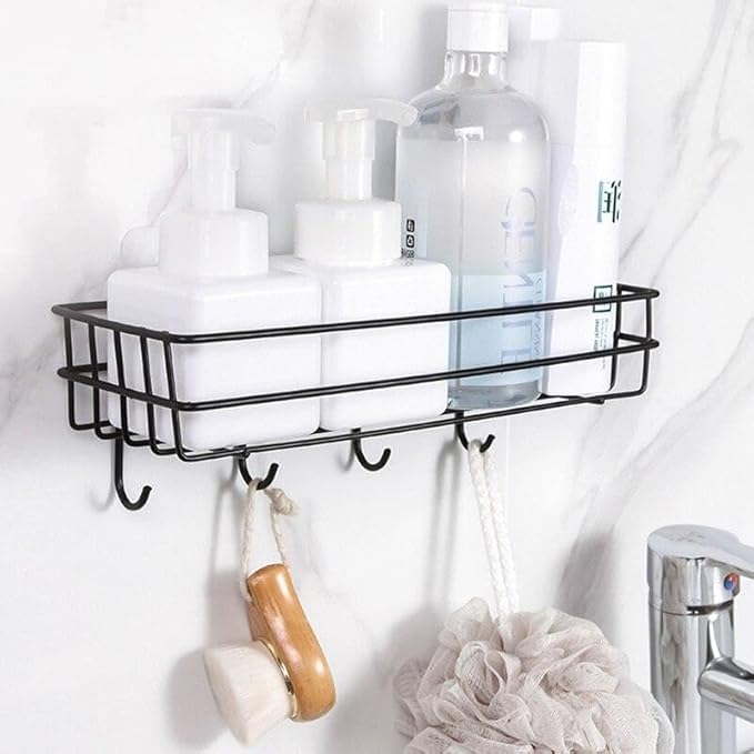 ME_Stainless Steel Metal Wall-Mounted Shelf - Black Corner Shelf with Hooks for Kitchen or Bathroom (1 Shelf) 1