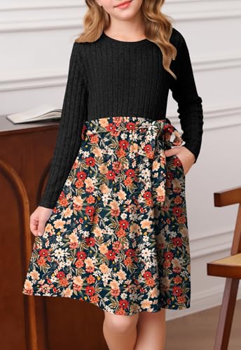 YOVION Girls Fall Long Sleeve Dress Floral A-Line Swing Holiday Casual Knit Dresses with Belt for 6-12 Years3