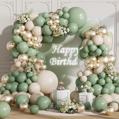 Image of Sage Green Balloons Arch Kit 155Pcs Sand White Gold 18 10 5 Inch | Olive Green Metallic Different Sizes LatexBalloon Garland for Birthday Anniversary Wedding Party Decorations