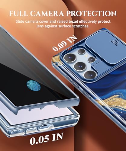 Image of GVIEWIN for Samsung Galaxy S23 Ultra Case, [Slide Camera Cover & Built-in Anti-Spy Privacy Screen Protector] [2 Front Frames] Shockproof Military Grade Marble Phone Case for S23 Ultra 6.8 inch (Cerulean)