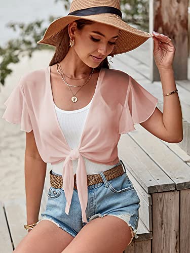 Image of ZAFUL Women's Chiffon Cropped Bolero Sheer Shrugs for Dress Short Sleeve Tie Front Cardigan
